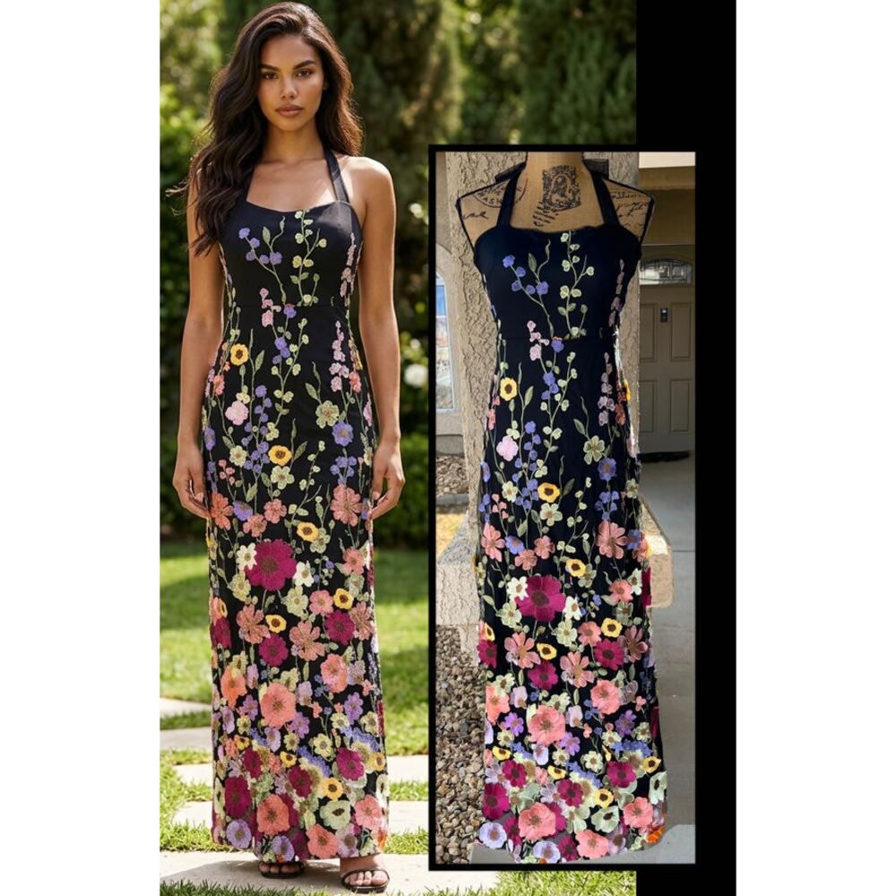Lulus 3D Colorful Floral Embroidered Tie-Strap Thriving Poise Maxi Dress Size L